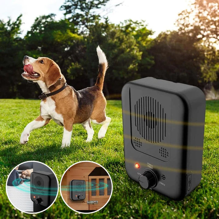 Elegantes, wetterfestes Ultraschall-Hundetrainingsgerät zur effektiven Bellkontrolle im Garten.