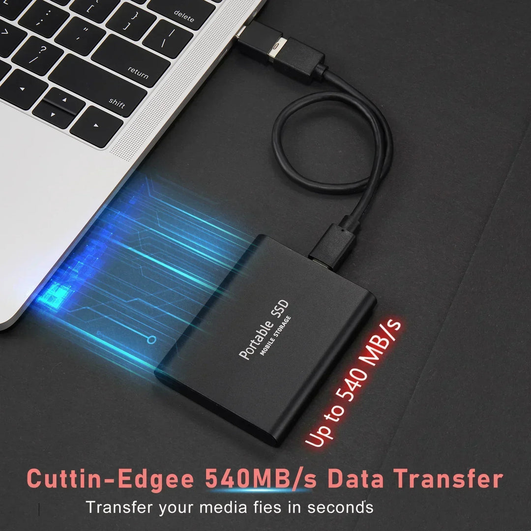 SpeedDrive Pro externe SSD mit USB-C 3.1 Anschluss für schnellen Datentransfer auf Windows & macOS.