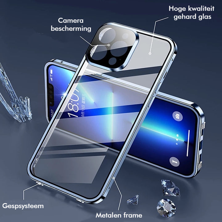 Robuste iPhone-Magnethülle aus Aluminium & Silikon; doppelseitiger 360° Schutz für Ihr Smartphone.