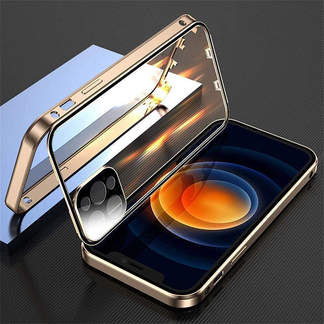 Elegante iPhone-Schutzhülle mit Metallrahmen und doppelseitigem 360-Grad-Magnetschutz, stoßfest.
