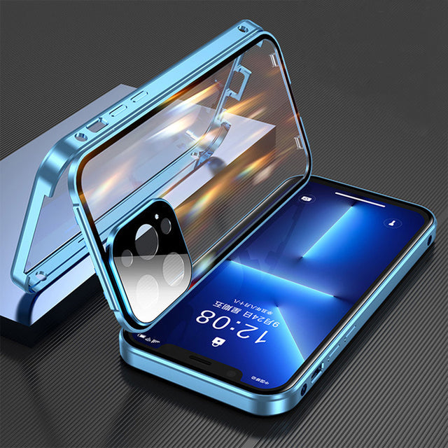 Hochwertige iPhone-Schutzhülle mit Magnetverschluss, beidseitig 360 Grad. Aluminiumrahmen, stoßfest.