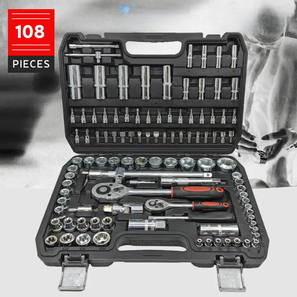 Komplettes 108-teiliges Ratschen-Schlüsselset mit verschiedenen Größen aus Chrom-Vanadium für Heimwerker & Kfz-Reparatur.