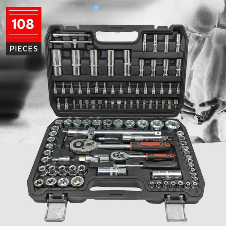 Komplettes 108-teiliges Ratschen-Schlüsselset mit verschiedenen Größen aus Chrom-Vanadium für Heimwerker & Kfz-Reparatur.