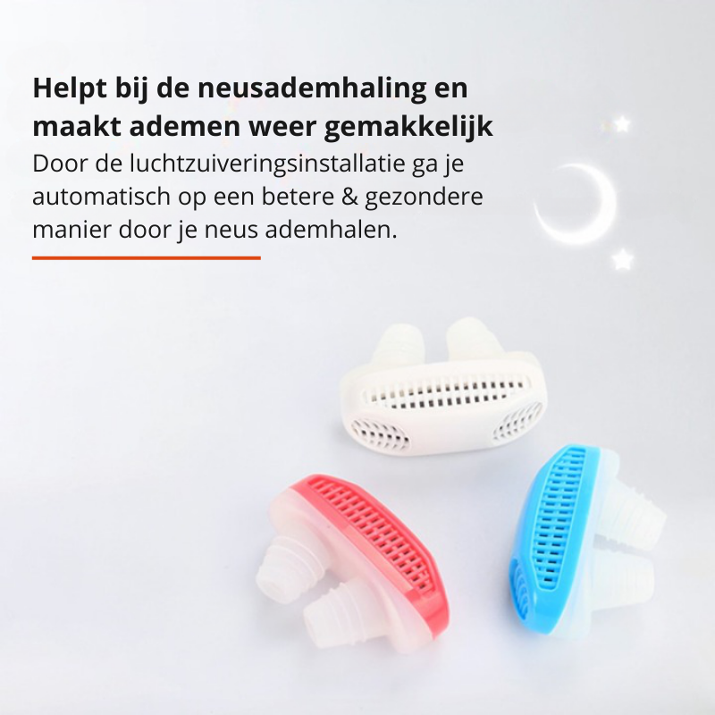 Ergonomisches Silikon Anti-Schnarch Gerät mit integriertem Luftreiniger für Nasen- und Atemwegs-Gesundheit.