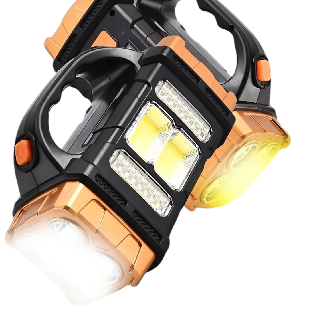 Helle LED-Taschenlampe für Notfall & Outdoor mit integrierter Powerbank und umweltfreundlicher Solarladung.