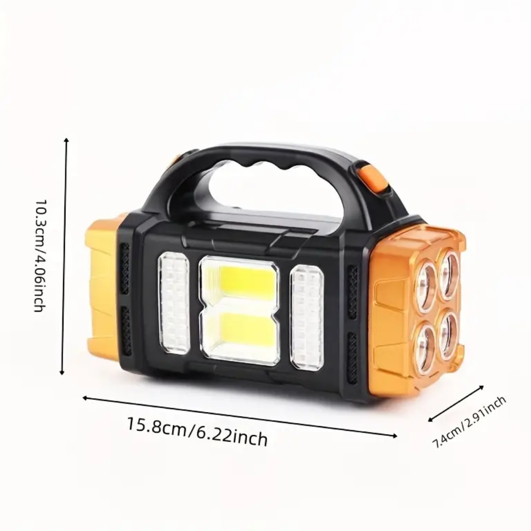 Wetterfeste & robuste Notfall-Taschenlampe mit Powerbank und Solarladung für extreme Outdoor-Bedingungen.
