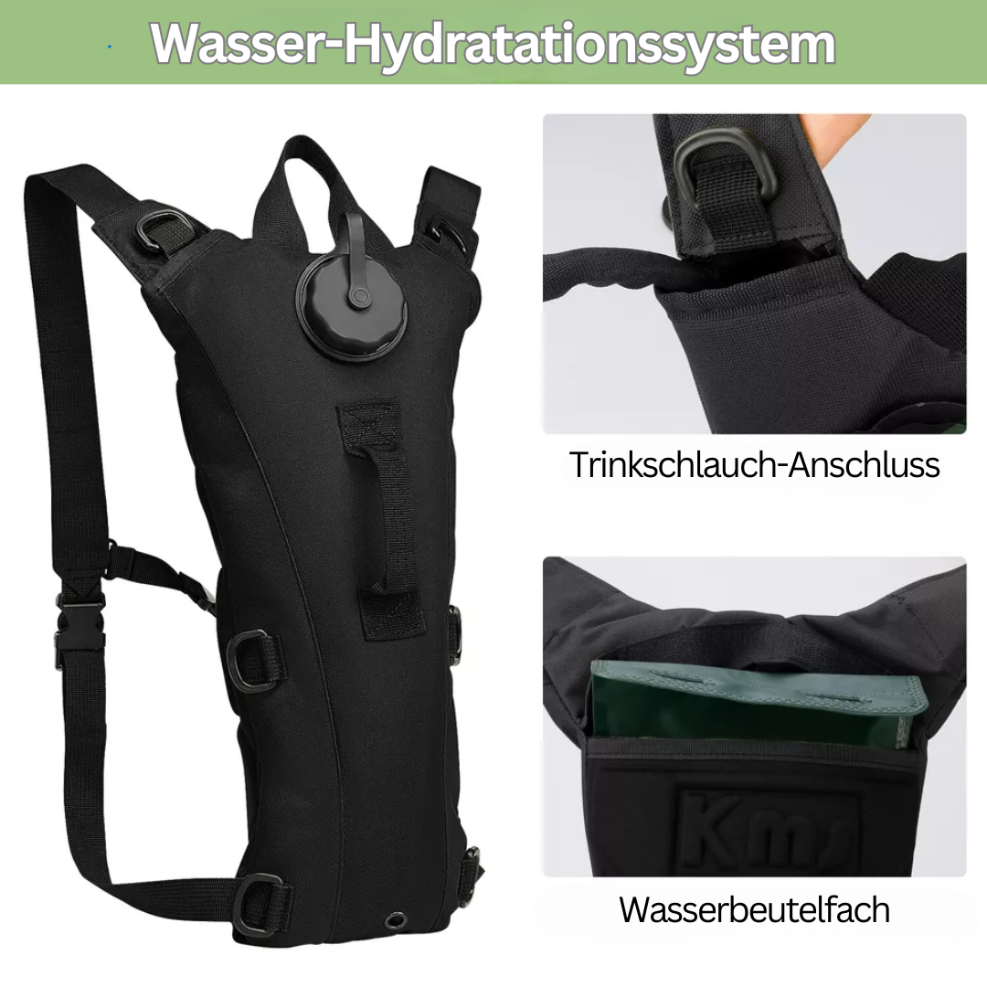 Vielseitiger 3L Trinkrucksack in Schwarz, Grün, Khaki. Für Outdoor, Wandern & Camping.
