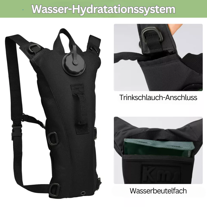 Vielseitiger 3L Trinkrucksack in Schwarz, Grün, Khaki. Für Outdoor, Wandern & Camping.
