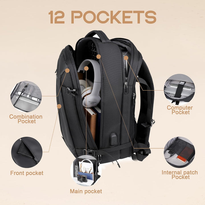 Vielseitiger, erweiterbarer Reiserucksack (40L) für Herren & Damen. Wasserdichtes Handgepäck mit USB.