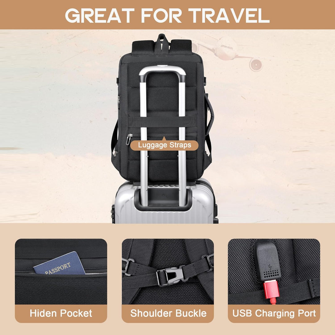Funktionaler 40L Rucksack: wasserdicht, erweiterbar, USB-Ladefunktion & Diebstahlschutz. Perfekt für Reise.