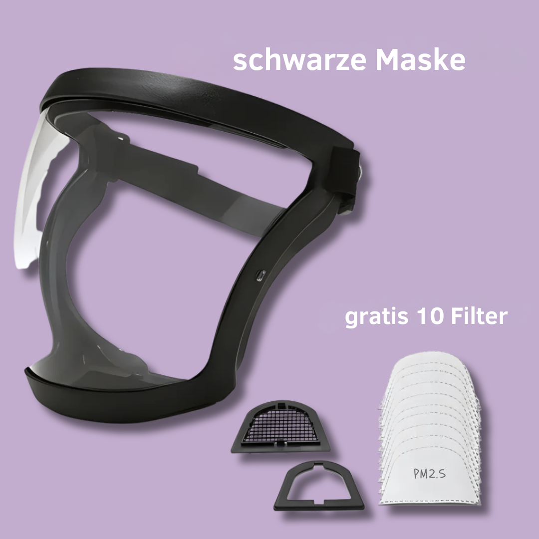 Person trägt AirGuard Max Schutzmaske, bietet besten Atemschutz und Komfort, geeignet für Outdoor.