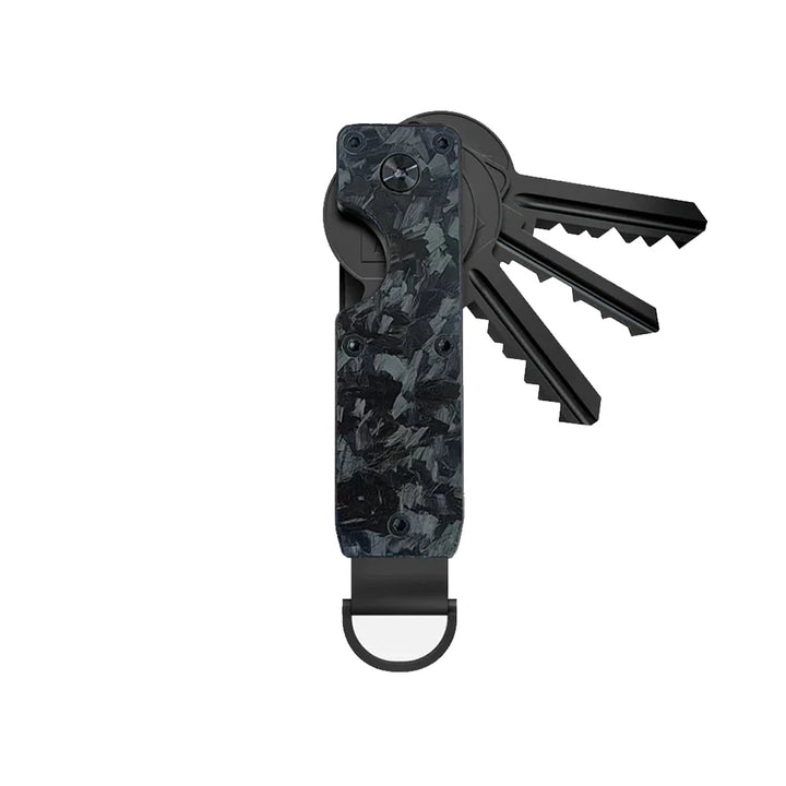 Seitenansicht des kompakten Schlüssel Organizers aus Aluminium, betont das schlanke und unauffällige Profil.