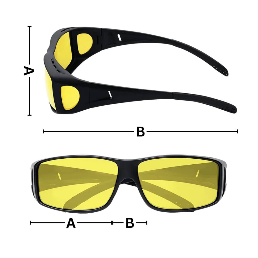Nahaufnahme der Unisex Anti-Blend Fahrbrille: gelbe Gläser und robuster schwarzer Rahmen für optimalen Augenschutz.