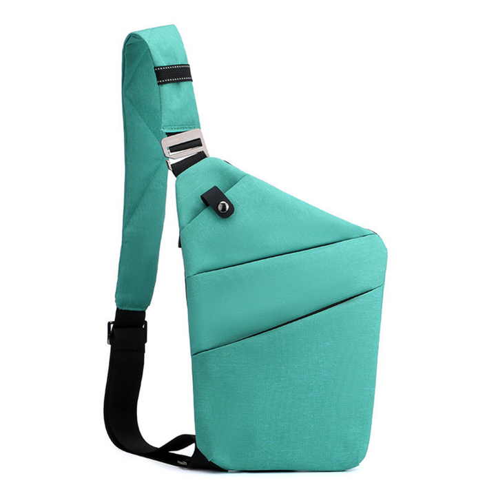 Innenansicht der gut organisierten Anti-Diebstahl Tasche. Separate Fächer für Handy, Pässe & Kreditkarten.