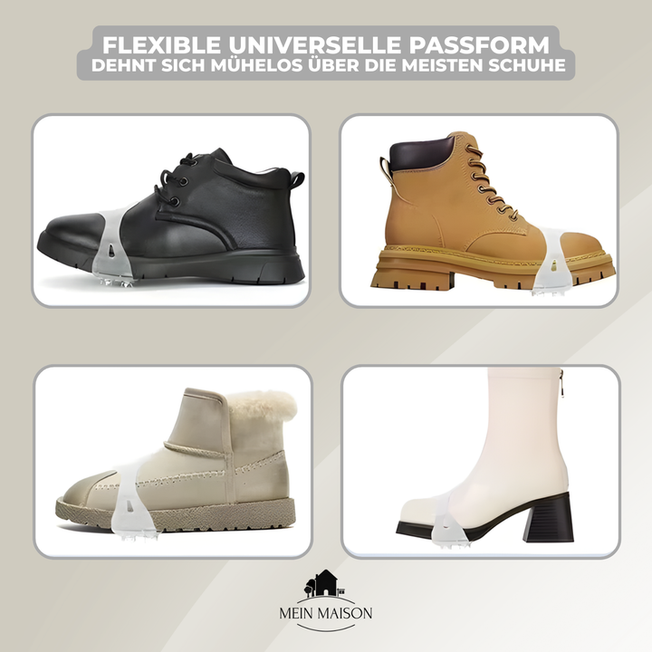 Flexible Eisspikes, ideal für sicheren Halt auf glatten Winterwegen und gefrorenem Gelände.