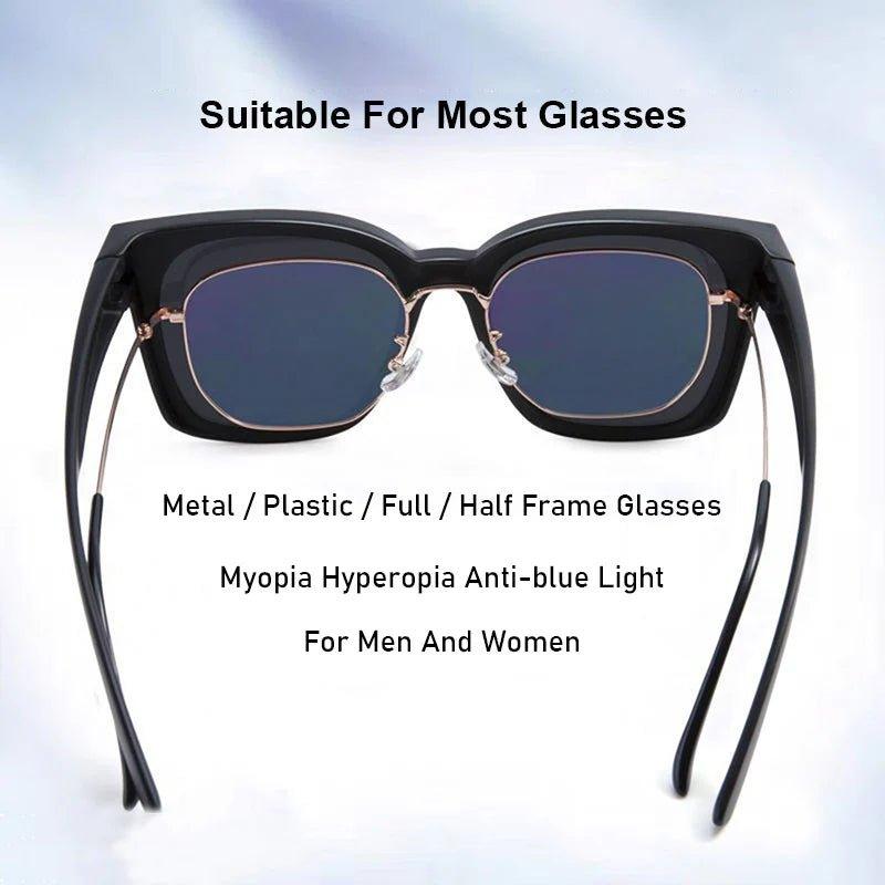 Schwarze Aufsteck-Sonnenbrille, polarisiert, für Damen & Herren, als Überbrille nutzbar.