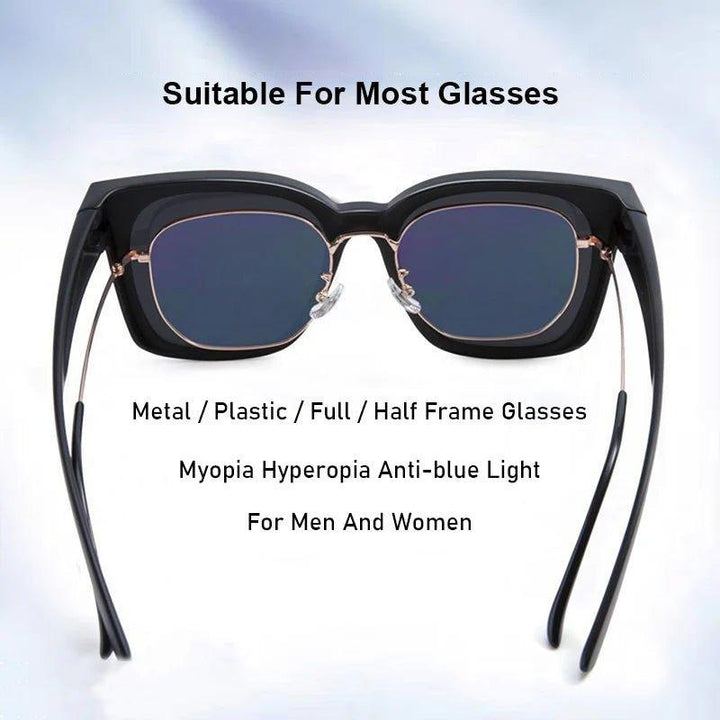 Schwarze Aufsteck-Sonnenbrille, polarisiert, für Damen & Herren, als Überbrille nutzbar.