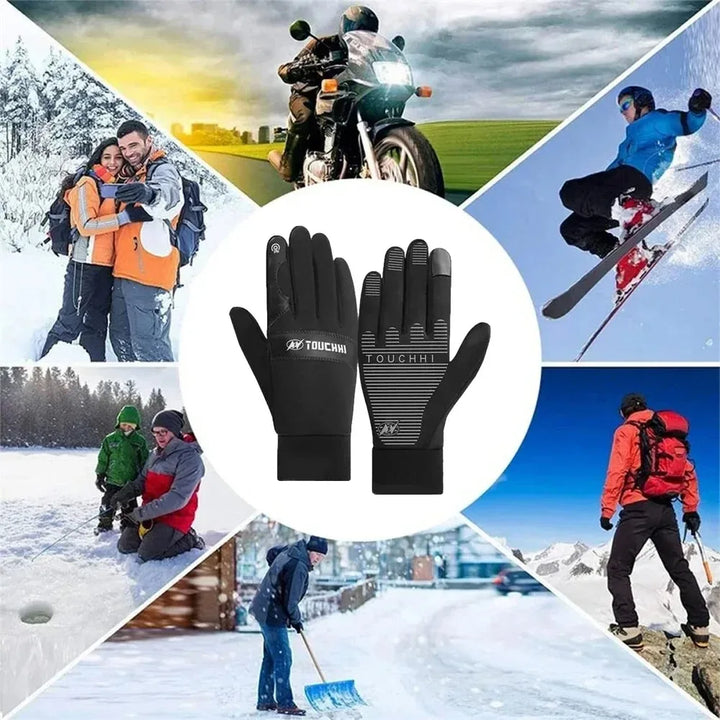 Person trägt beheizte, wasserdichte Skihandschuhe; Touchscreen-Funktion und warme Hände bei Outdoor-Aktivitäten.