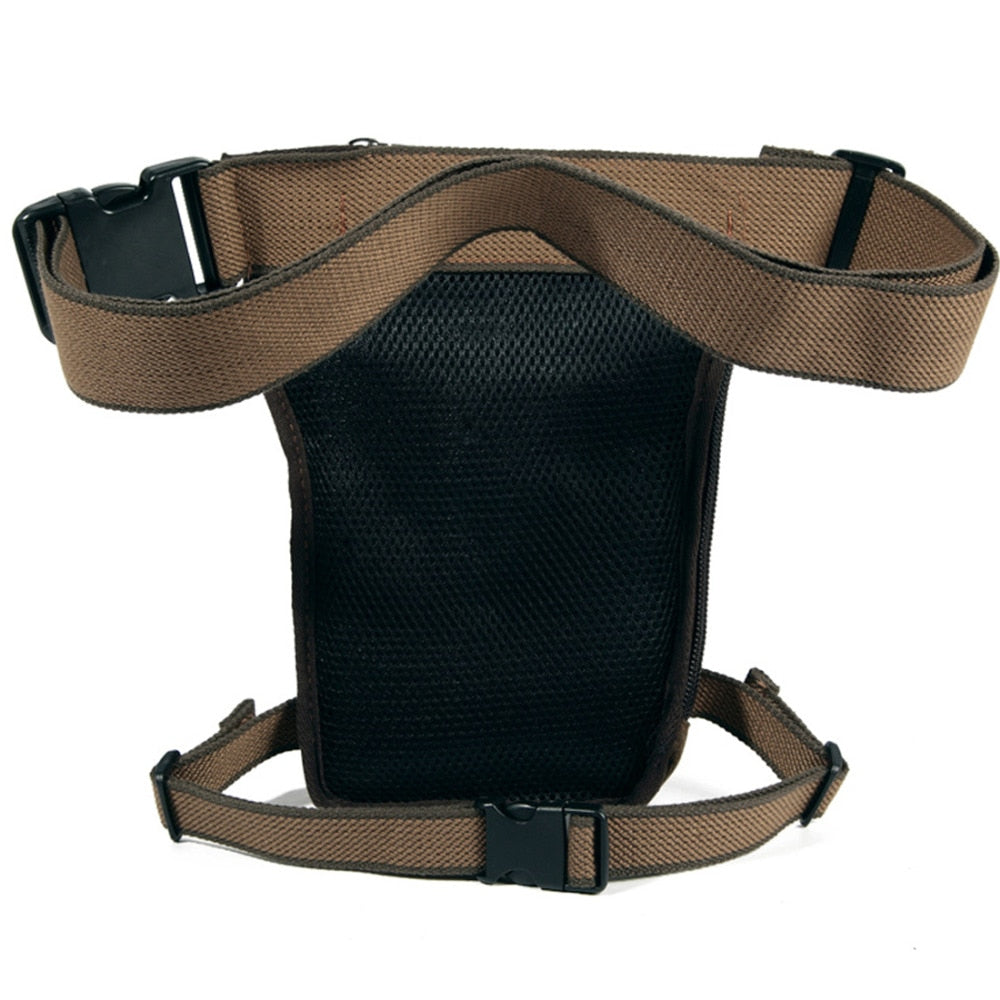 Detailansicht der Unisex-Beintasche, robuste Reißverschlüsse & verstellbare Gurte.