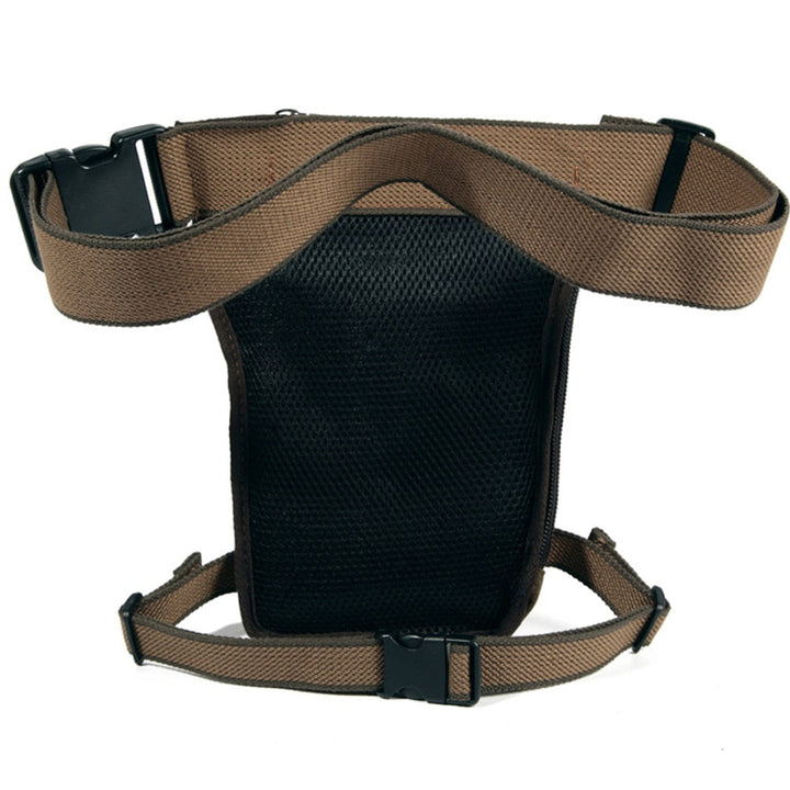 Detailansicht der Unisex-Beintasche, robuste Reißverschlüsse & verstellbare Gurte.