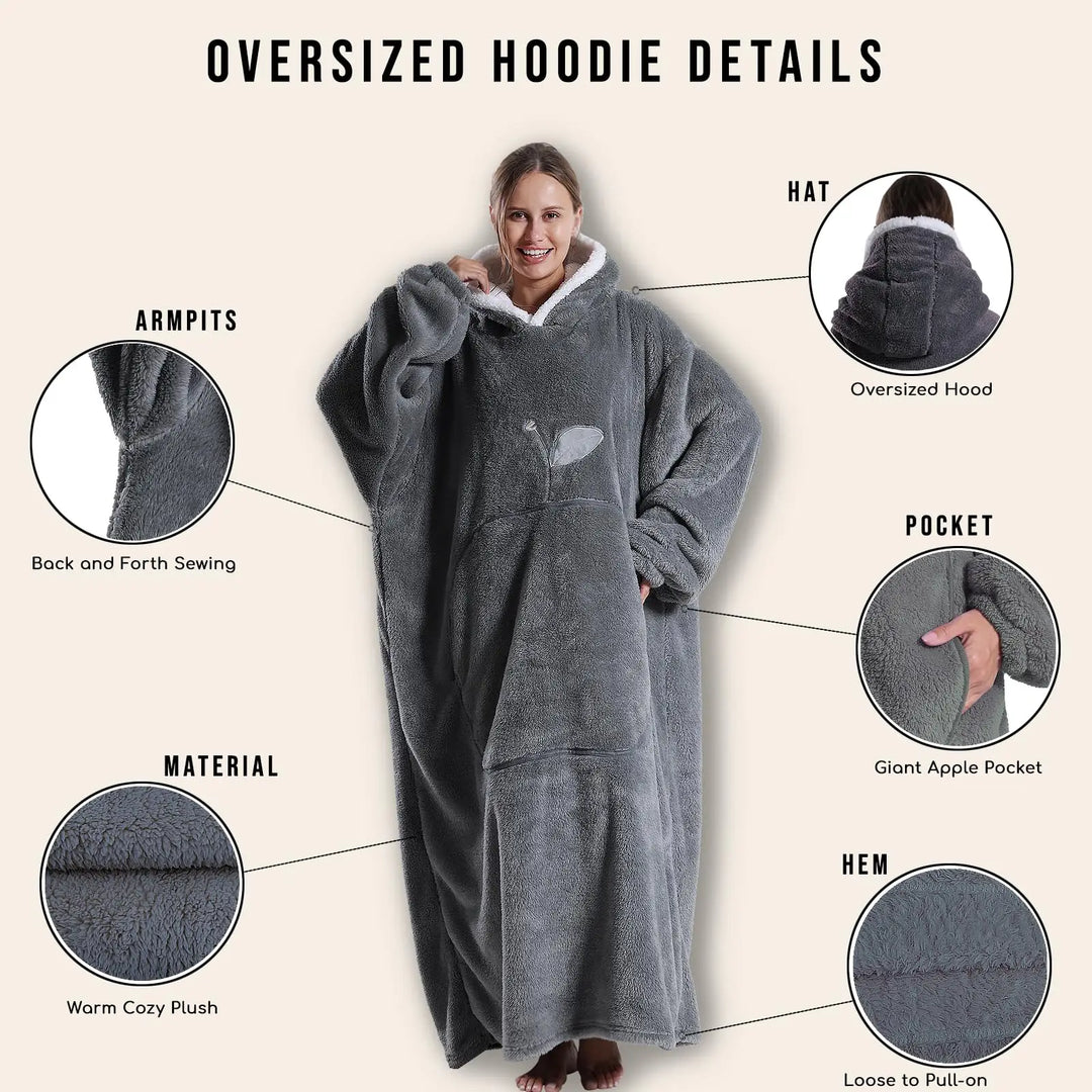 Entspannende wearable blanket: Kapuzendecke mit Ärmeln aus Sherpa-Stoff für kuschelige Stunden zu Hause im Winter.