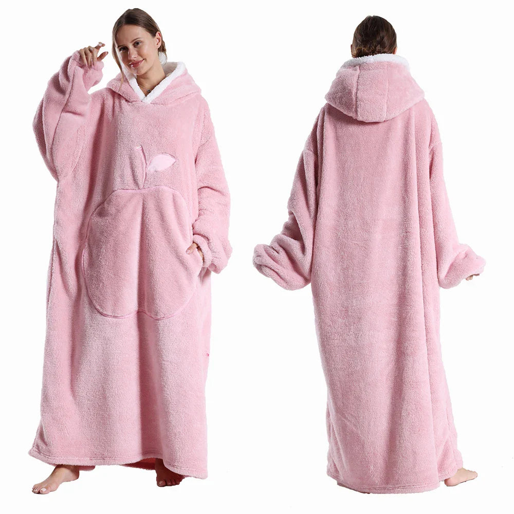 Flauschige Sherpa-Flanell Kuscheldecke mit Kapuze & Ärmeln, Übergröße, gemütlich für Damen & Herren.
