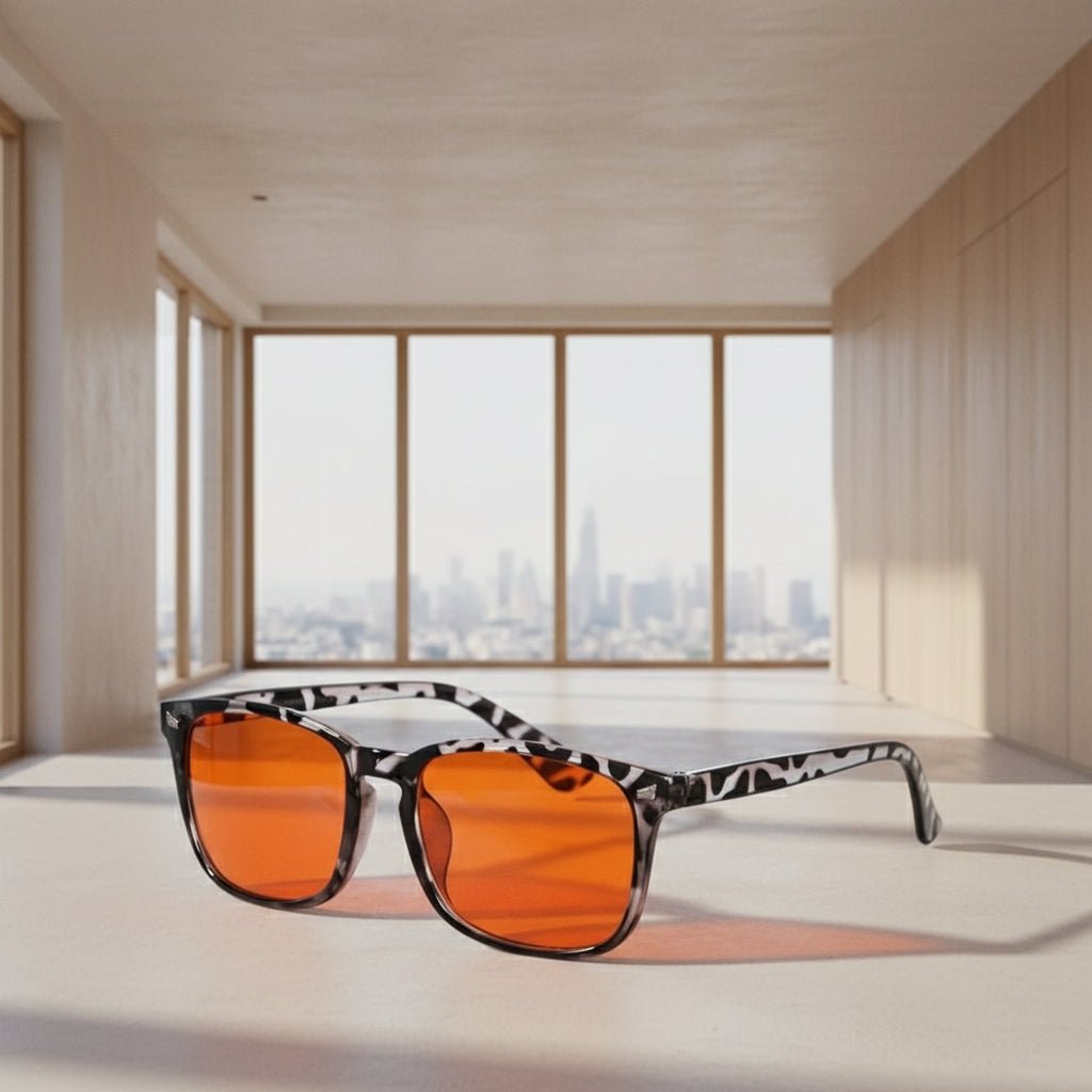 Unisex Blaulichtfilter-Brille orange für optimalen Augenschutz & verbesserte Schlafqualität.