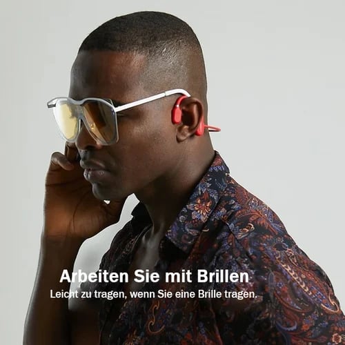 Brillenkompatibler Knochenleitungskopfhörer, offenes Ohr für Umgebungsgeräusche.