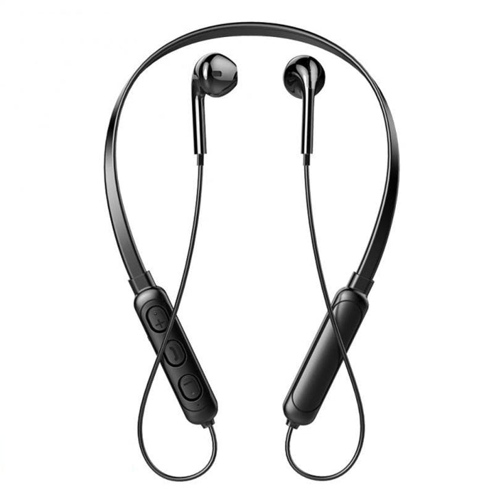 Schwarze In-Ear Bluetooth-Kopfhörer mit Nackenbügel; Geräuschreduzierung, integrierte Freisprecheinrichtung, lange Akkulaufzeit.