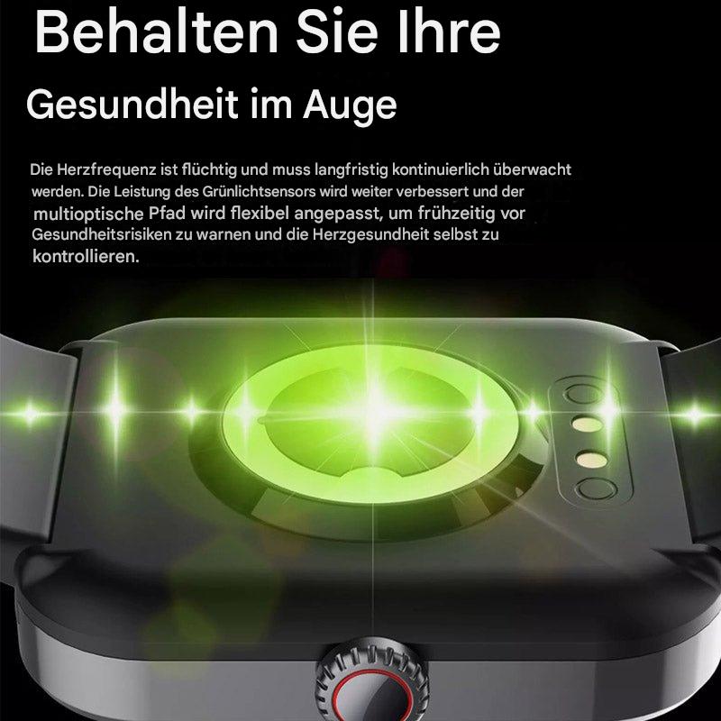 Elegante Unisex Fitnessuhr von der Seite, Blutzucker- & Blutdruckmessung, modernes Wearable Design.