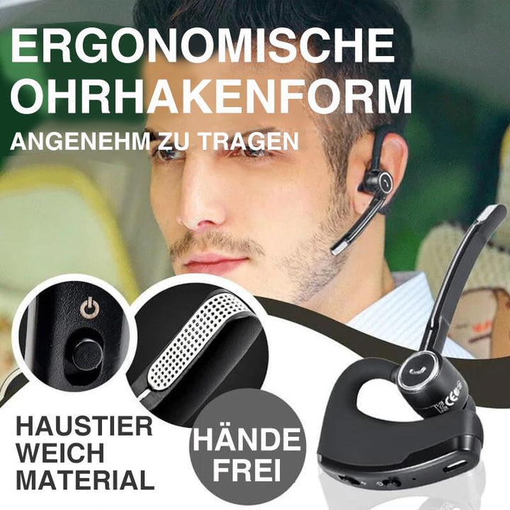 Mann trägt kabelloses Business Bluetooth Headset; ideal für Konferenzen, Freisprechfunktion & klare Telefonie.