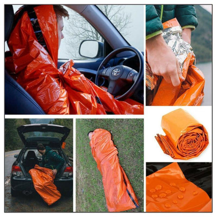 Leichter Notfall Thermoschlafsack, wasserdicht & kompakt, unverzichtbar für Survival & Outdoor-Abenteuer.