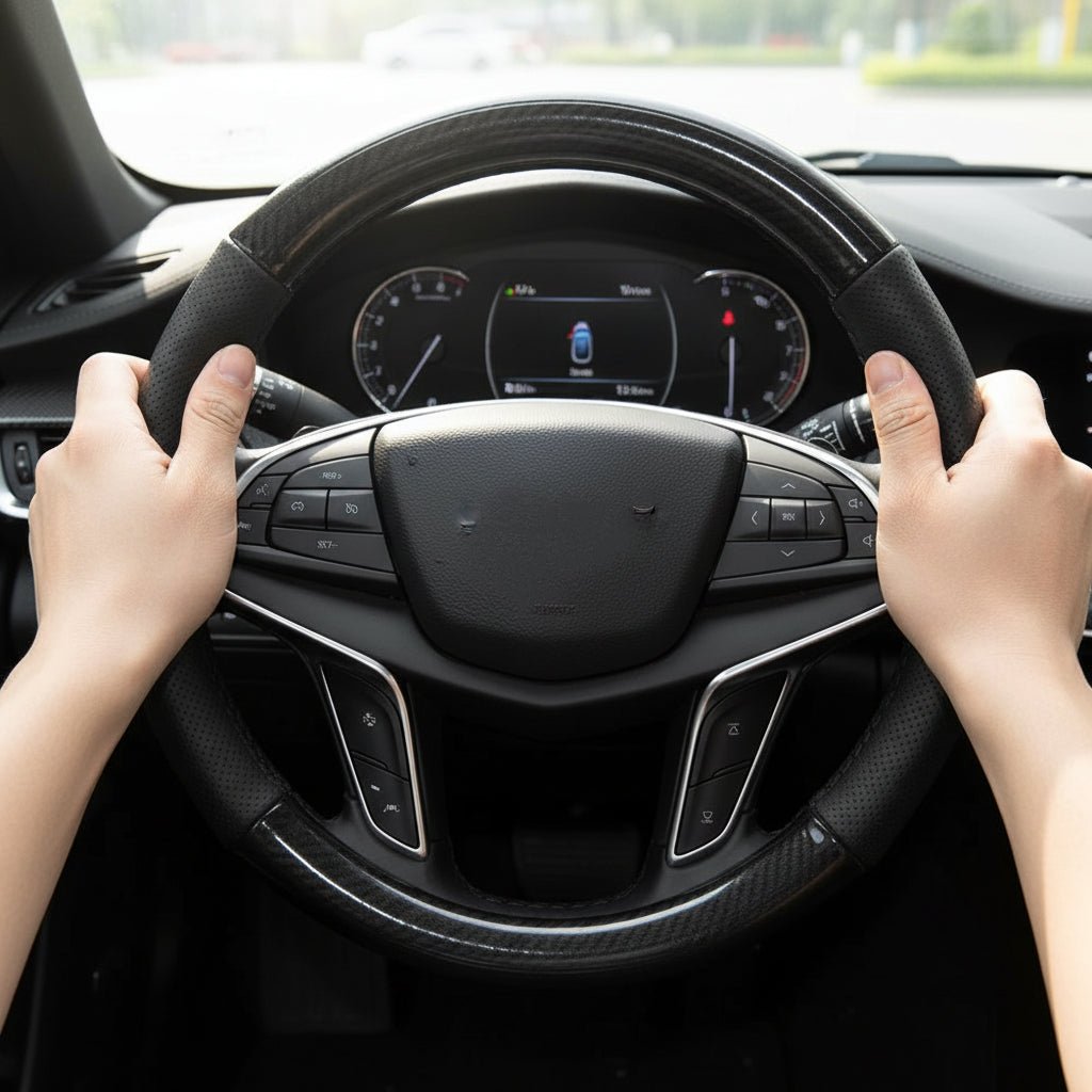 Komfortabler Lenkradbezug aus Carbonfaser-Leder für besseren Griff und rutschfestes Fahrgefühl im Auto.