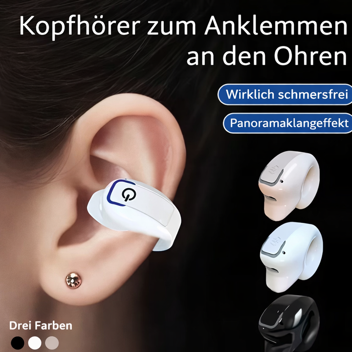 Unisex Clip-On Bluetooth Kopfhörer, Open-Ear, schmerzfreier Sitz für Sport & Alltag.