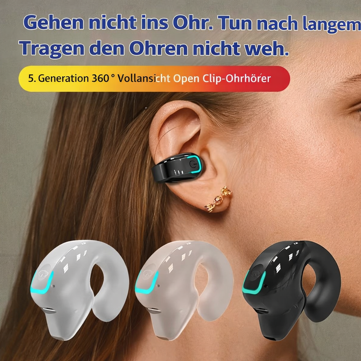Leichte, komfortable Open-Ear Clip-On Kopfhörer, ideal für langes Hören ohne Druck.