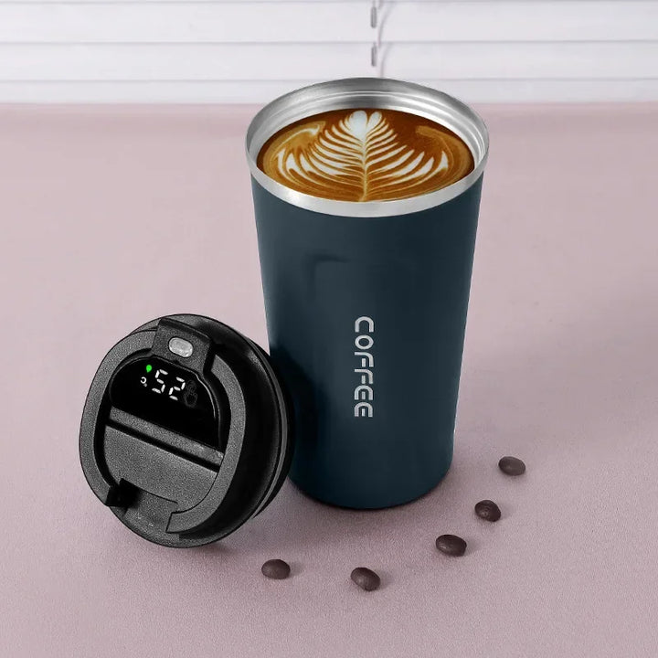 Zeitloser Edelstahl-Bürobecher, mit Temperaturanzeige für Kaffee oder Tee, pflegeleicht.