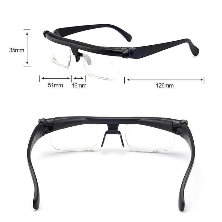 Flexible Unisex-Sehbrille mit einstellbaren Dioptrien; nutzbar als Lese- oder Fernbrille.
