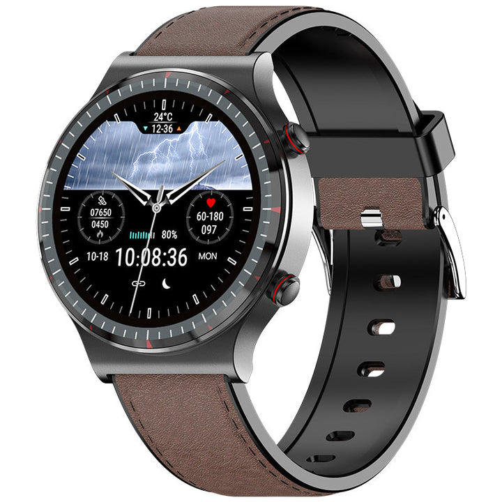 Edelstahlgehäuse der EKG Smartwatch. Robuste Technologie für Herzfrequenz- und Blutsauerstoffmessung.