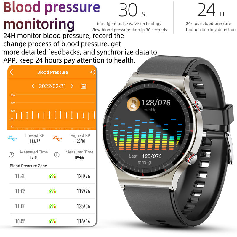 Detailansicht der EKG Smartwatch: Fortschrittliche Technologie für Herzfrequenz- und Blutsauerstoffüberwachung.