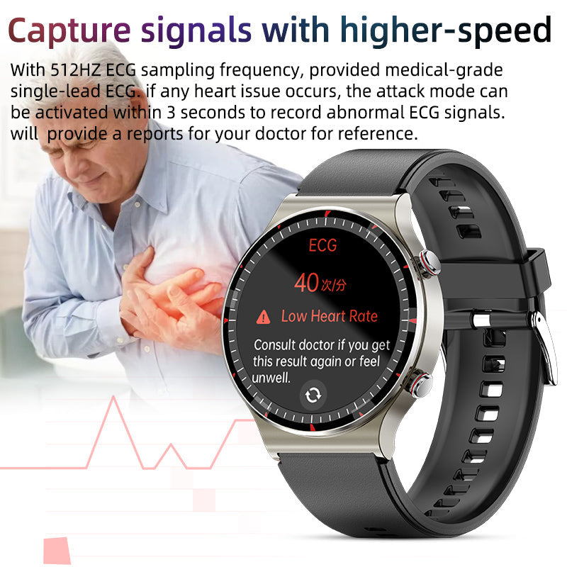 Detail des Sensors der EKG Smartwatch: Präzise Herzfrequenz- & Blutsauerstoffmessung direkt am Handgelenk.