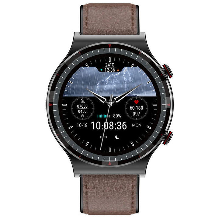 Smartwatch auf weißem Hintergrund, präsentiert ihre EKG- und Gesundheits-Tracking-Funktionen.