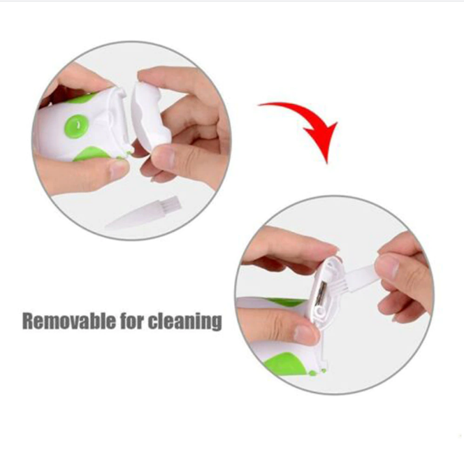 Nahaufnahme des elektrischen Nageltrimmers mit integrierter Feile für sichere und effektive Nagelpflege.
