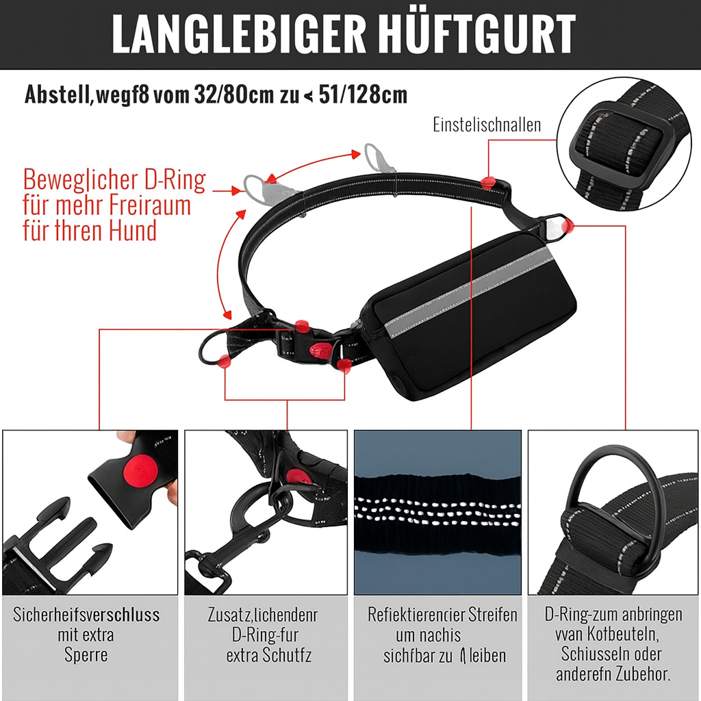 Verstellbare Freihandleine mit Hüftgurt für kleine bis große Hunde beim Laufen.