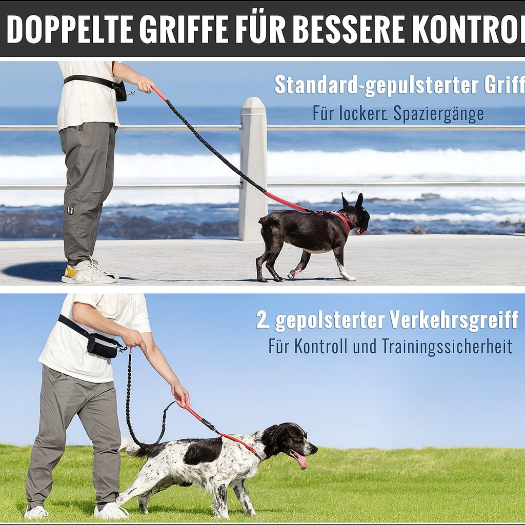 Sportliche Hundeleine mit Hüftgurt für volle Bewegungsfreiheit beim Laufen mit Hund.