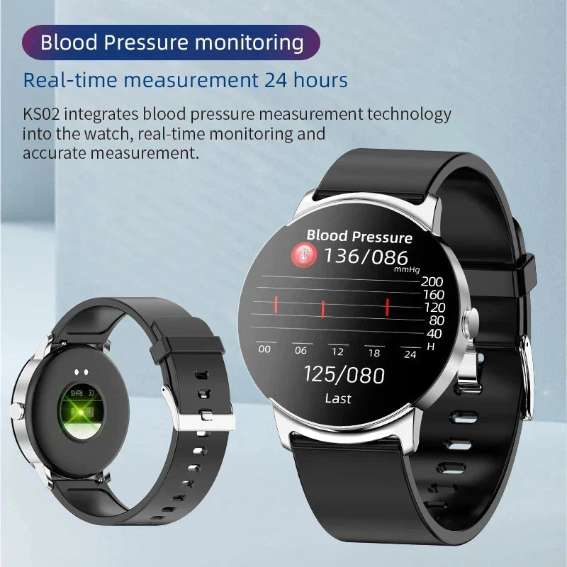 Elegante Unisex Smartwatch am Handgelenk: misst Herzfrequenz, Blutzucker & Schlafmuster präzise.