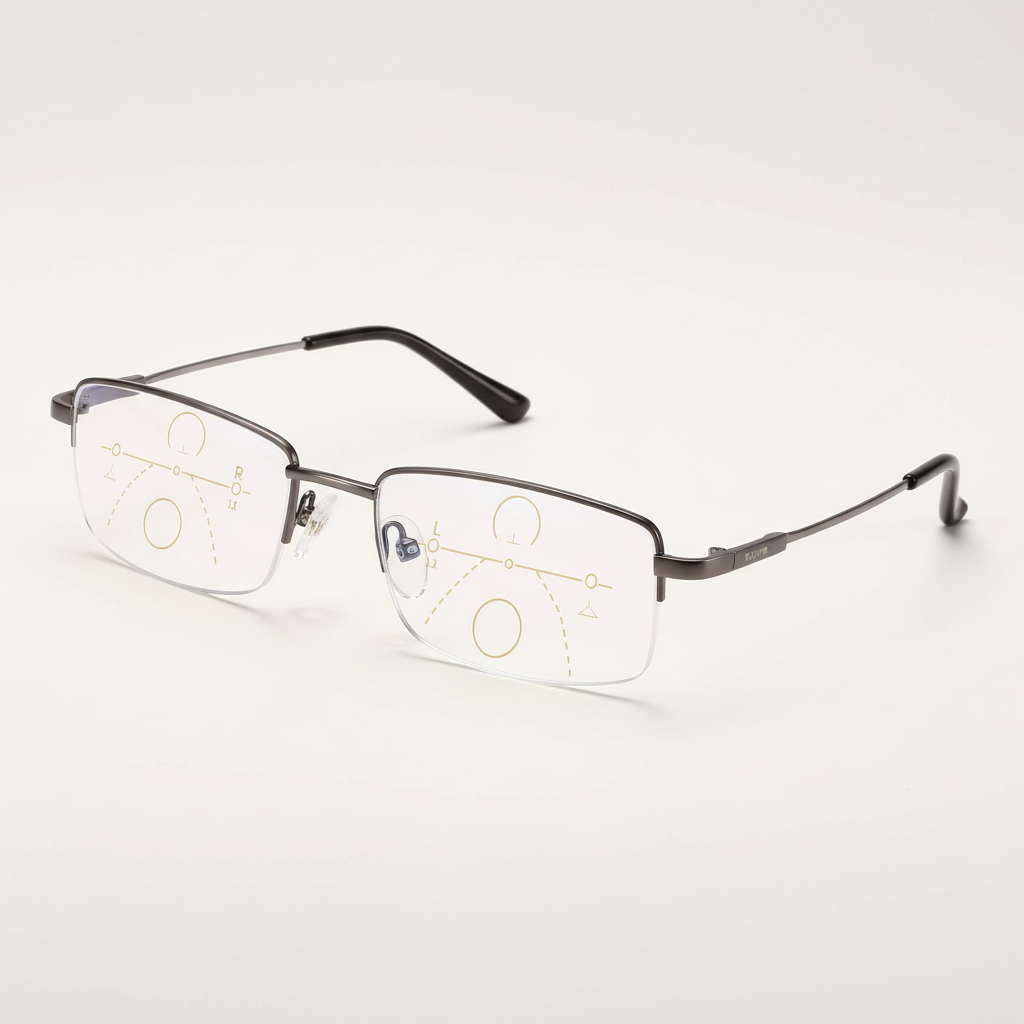 Unisex Gleitsichtbrille mit Photochrom-Gläsern, Blaulichtfilter & UV400 Schutz. Multifokale Sehhilfe für klare Sicht.