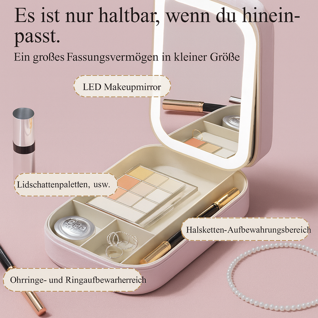 Eleganter Reiseschminkkoffer GlowCase Luxe mit LED-Spiegel; ideal für unterwegs & professionelles Make-up.