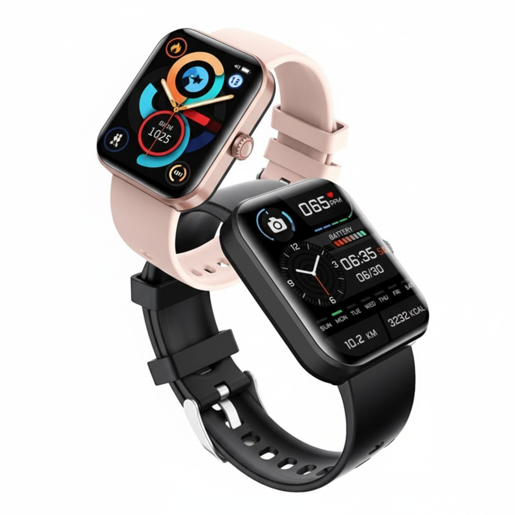 Aktiver Nutzer trägt GlucoWatch Fitnessuhr beim Sport, trackt Glukose, Herzfrequenz & Schritte; Wellness Tracker.