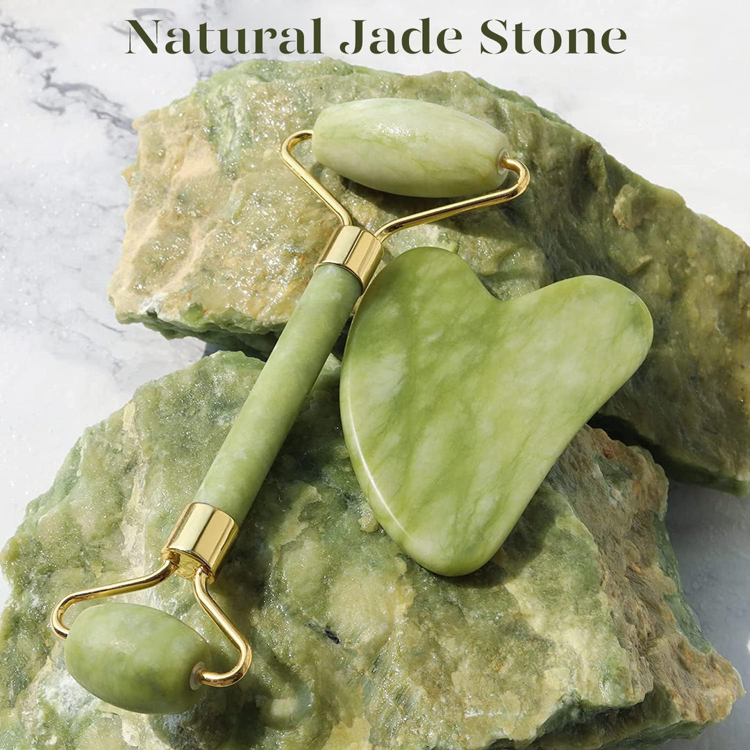 Unisex Gua Sha & Jade Roller Set für strahlende Haut. Perfekt für Gesichtspflege & Anti-Aging Massage.