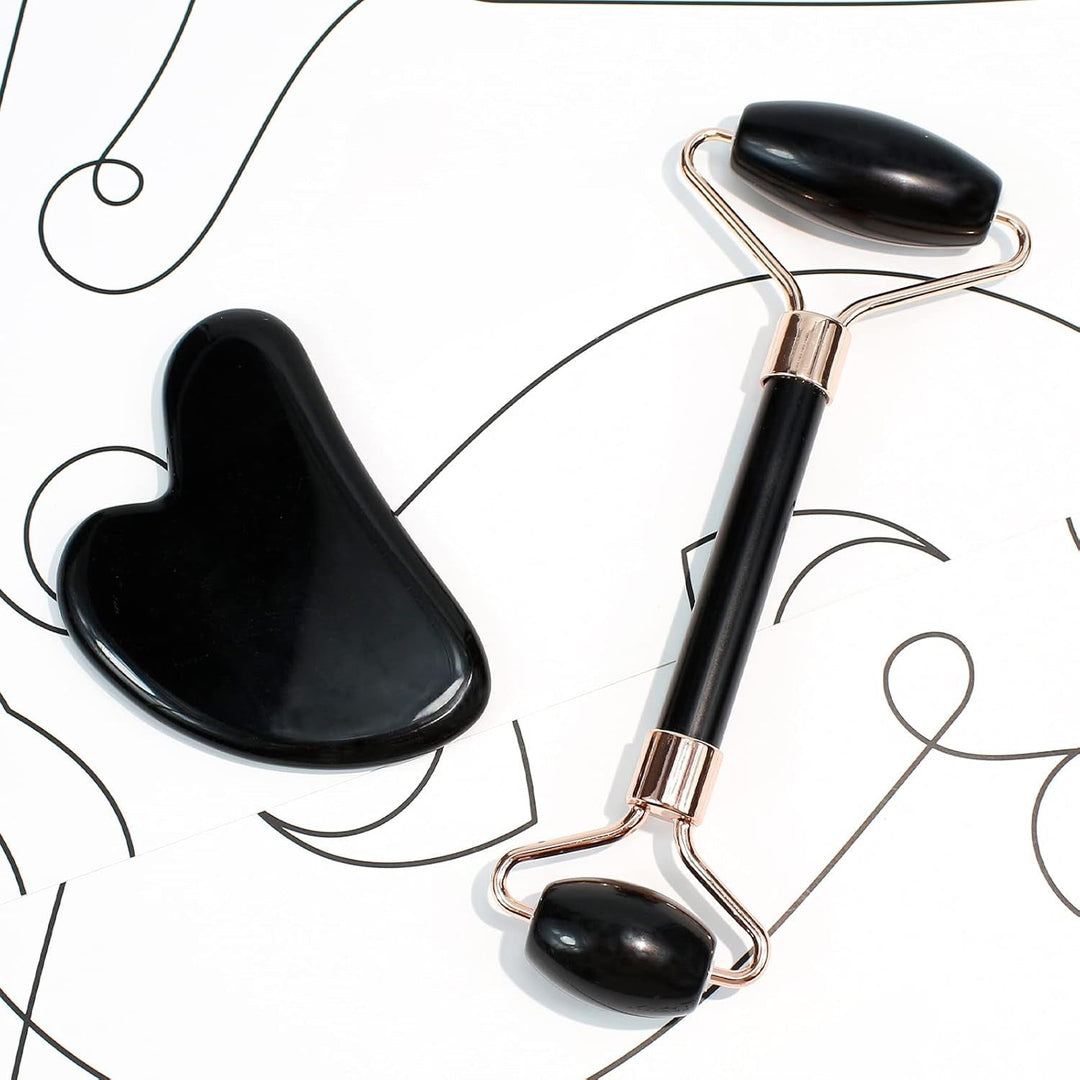 Unisex Gesichtsroller & Gua Sha Stein Set für Hautpflege. Verbessert den Teint, fördert die Regeneration der Haut.